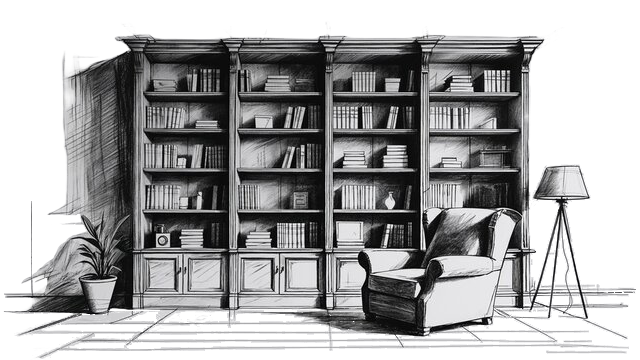 Drawing of a large bookcase.