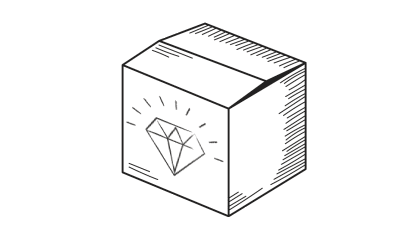 Drawing of a cardboard box with a ruby label on one side.