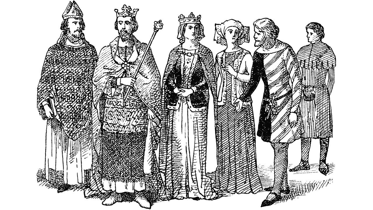 Drawing representing the class system of a feudal society. There's a king, a queen, a bishop, and some nobles.