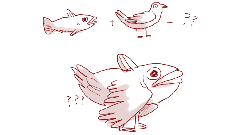 Crude drawing of a half-fish, half-bird animal.