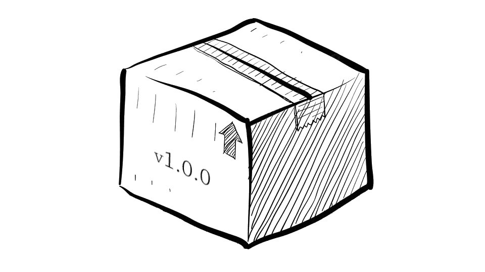 Drawing of a mail package, with a 'this side up' arrow and a label with the text 'v1.0.0' on one side.