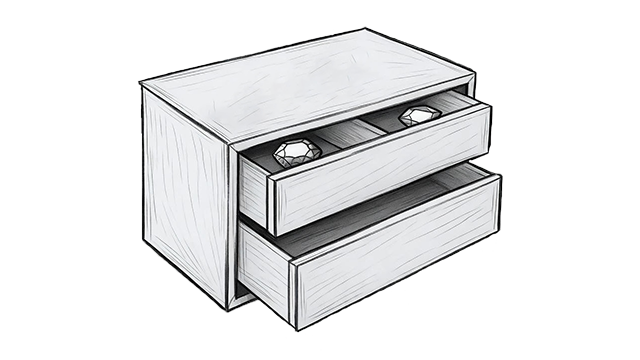 Drawing of a dresser with its drawers open, with rubies inside, compartmentalized.