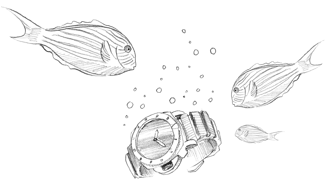 Drawing of a watch underwater, surrounded by fish.